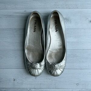 Prada Metallic Silver Leather Ballet Flats Size 5.5